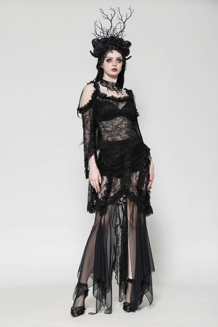 Black Lace-Up Mesh Spliced Lace Women's Gothic Fishtailed Skirt - Product - 10