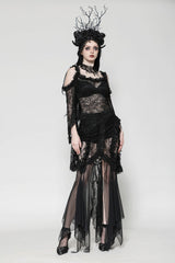 Black Lace-Up Mesh Spliced Lace Women's Gothic Fishtailed Skirt - Product - 10