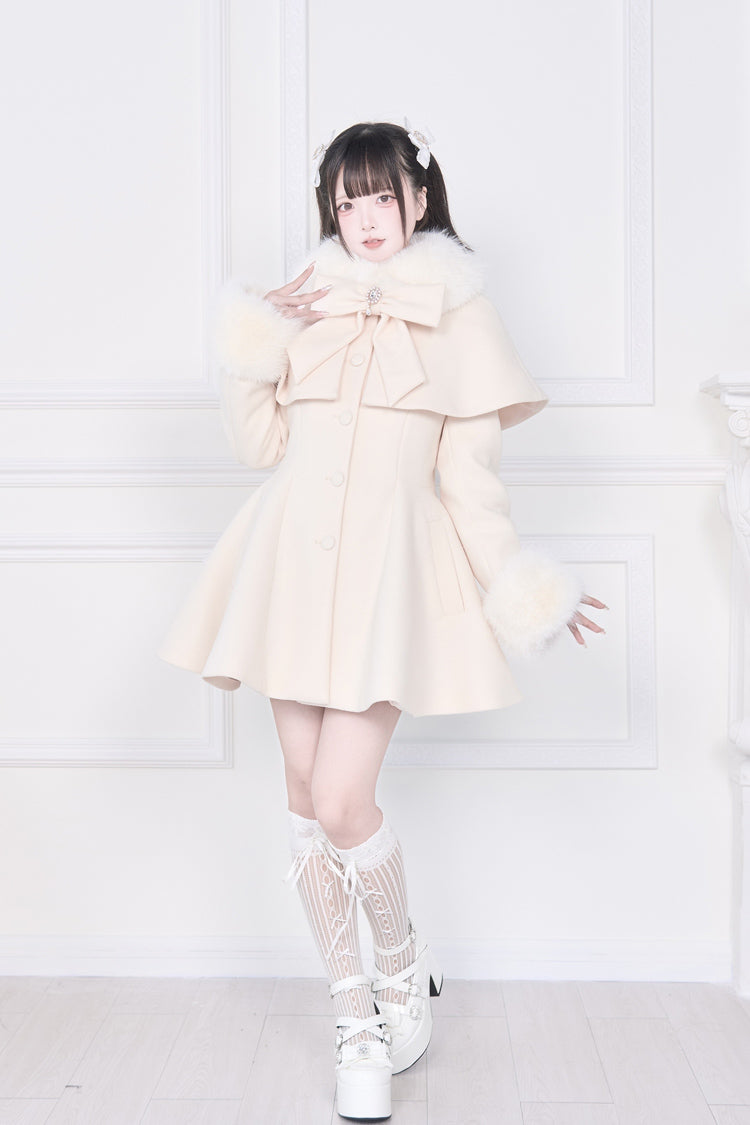 Apricot Plush Collar Long Sleeves Bowknot Japanese Sweet Lolita Coat - Product - 8