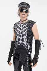 Black/White Round Collar Print Hollow Men's Punk Vest - Product - 2