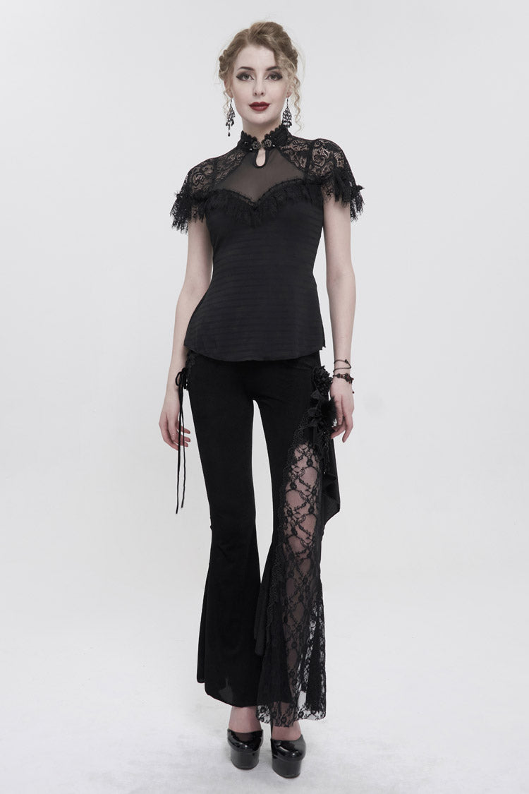 Black Chinese Style V-Neck Nail Drill Chest Stitching Mesh Raglan Sleeves Gothic Cheongsam Style Women's Slim T-Shirt - Product - 4
