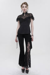 Black Chinese Style V-Neck Nail Drill Chest Stitching Mesh Raglan Sleeves Gothic Cheongsam Style Women's Slim T-Shirt - Product - 4