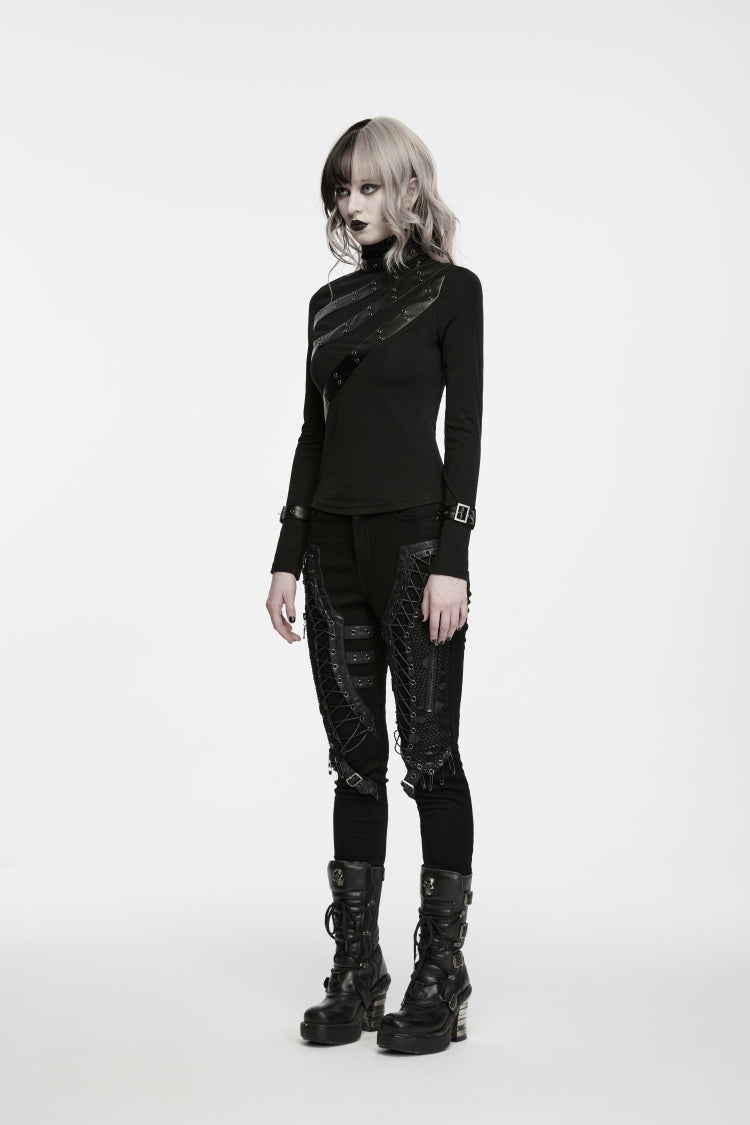 Black Cut-Out Lace Lace-Up Slim Fit Women's Punk Cool Pants - Product - 3