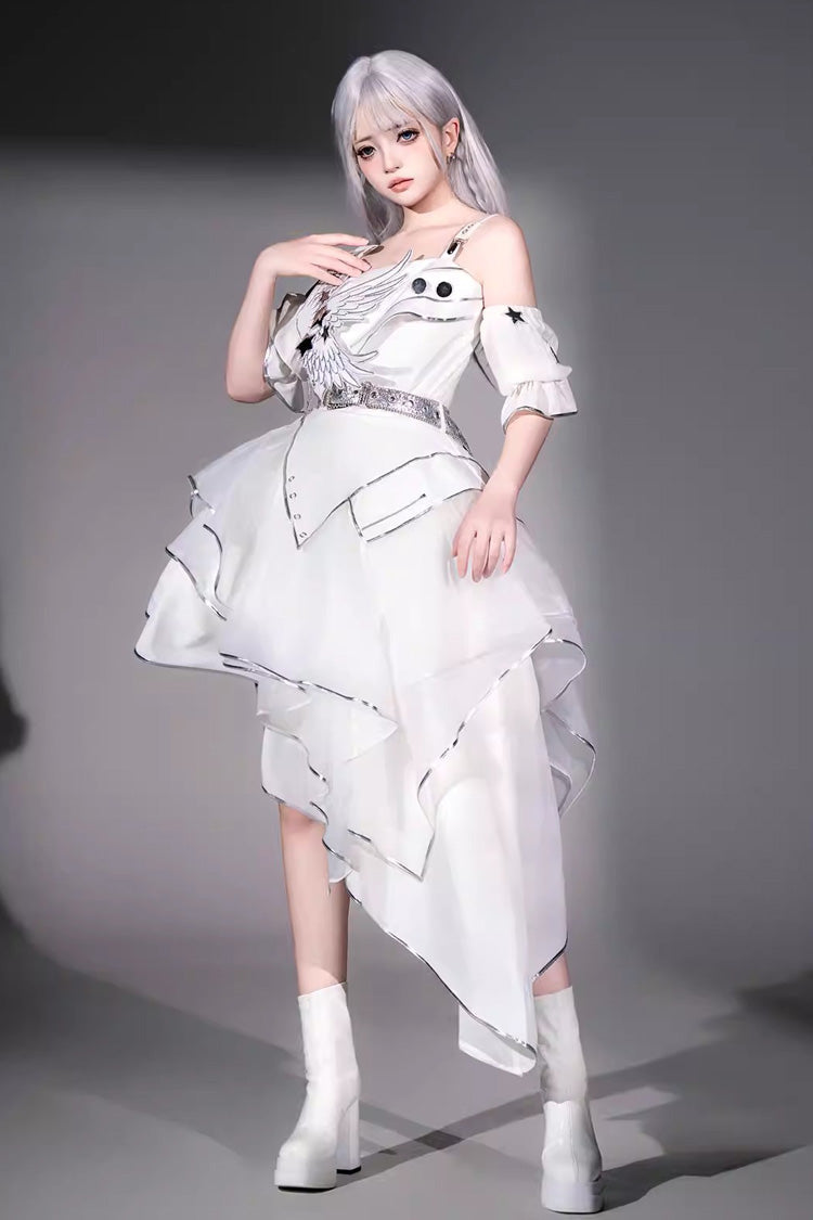 White [Silver Wings] Stand Collar Irregular Asymmetric Futuristic Style Punk Lolita Jsk Dress Set - Product - 5