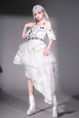 White [Silver Wings] Stand Collar Irregular Asymmetric Futuristic Style Punk Lolita Jsk Dress Set - Product - 5