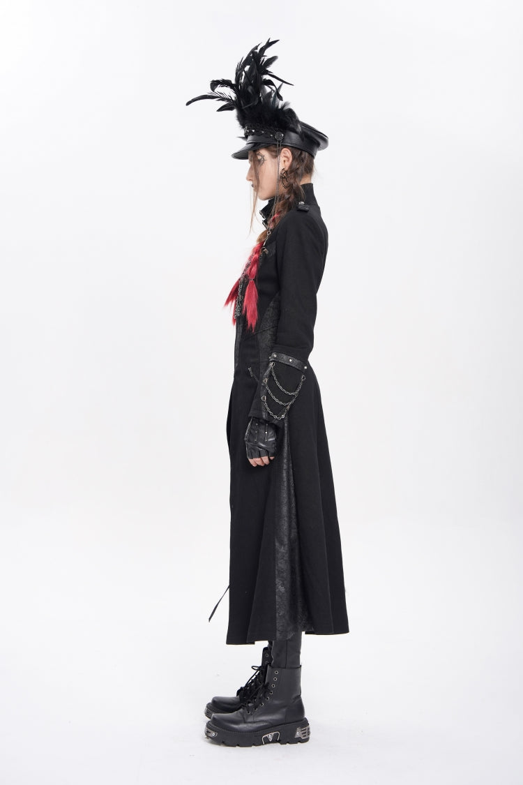 Black Stand Collar Long Sleeves Buckle Chain Women's Punk Jacket - Product - 3