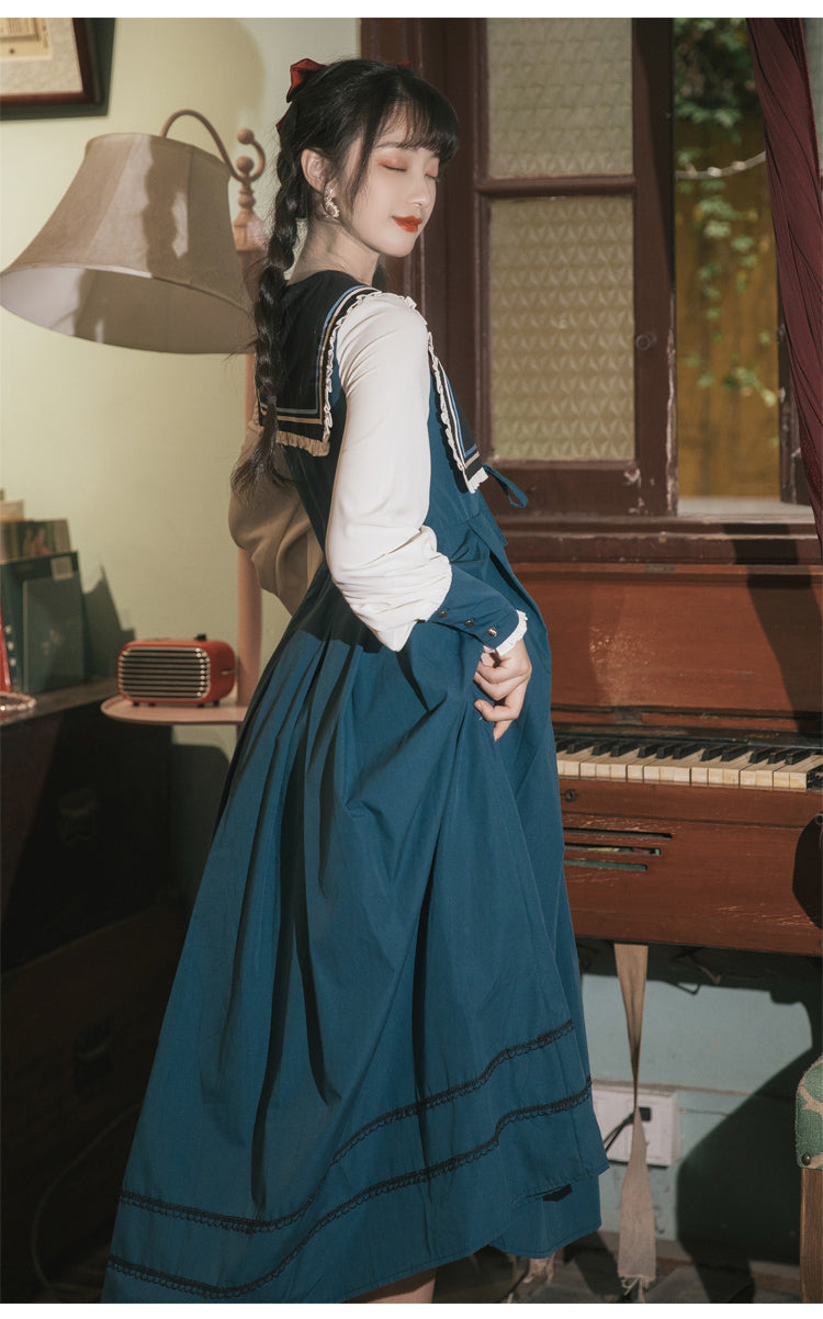 Multi-Color Retro Doll Collar Long Lantern Sleeves High Waist Embroidery Sweet Lolita OP Dress - Product - 2