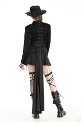 Black Long Sleeves Spliced Lace-Up Women's Gothic High Low Faux Leather Long Tail Jacket - Product - 4