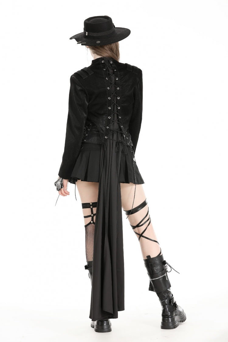 Black Long Sleeves Spliced Lace-Up Women's Gothic High Low Faux Leather Long Tail Jacket - Product - 4
