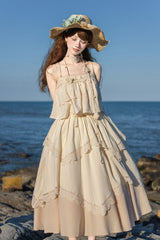 [Summer of Bluebells] Square Collar Sleeveless Jacquard Ruffled Asymmetric Sweet Lolita Skirt Set 2 Colors (Blue/Green, Ivory) - Product - 16