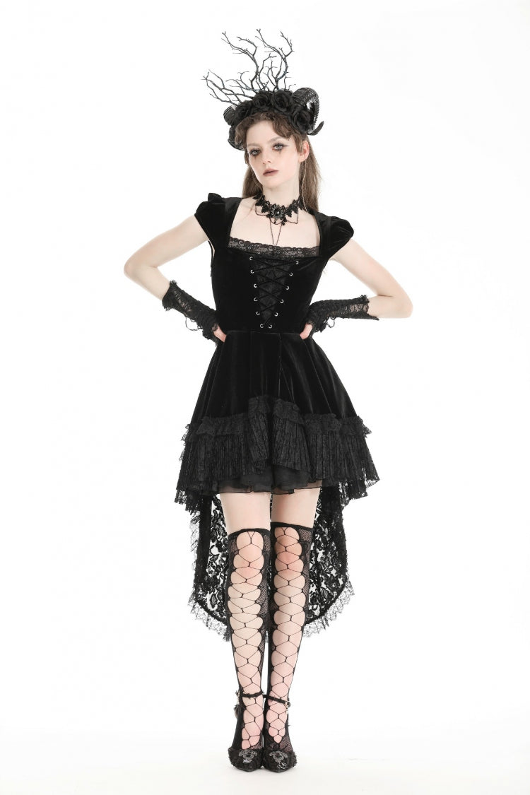 Black Square Collar Cap Sleeves Lace-Up High/Low Lace Ruffled Women's Gothic Princess Velvet Dress - Black - 1