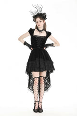 Black Square Collar Cap Sleeves Lace-Up High/Low Lace Ruffled Women's Gothic Princess Velvet Dress - Black - 1