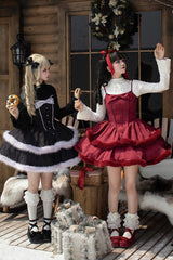 [Winter's Wish] Double-Layered Jacquard Bowknot Furry Sweet Lolita Jsk Dress 2 Colors - Product - 6