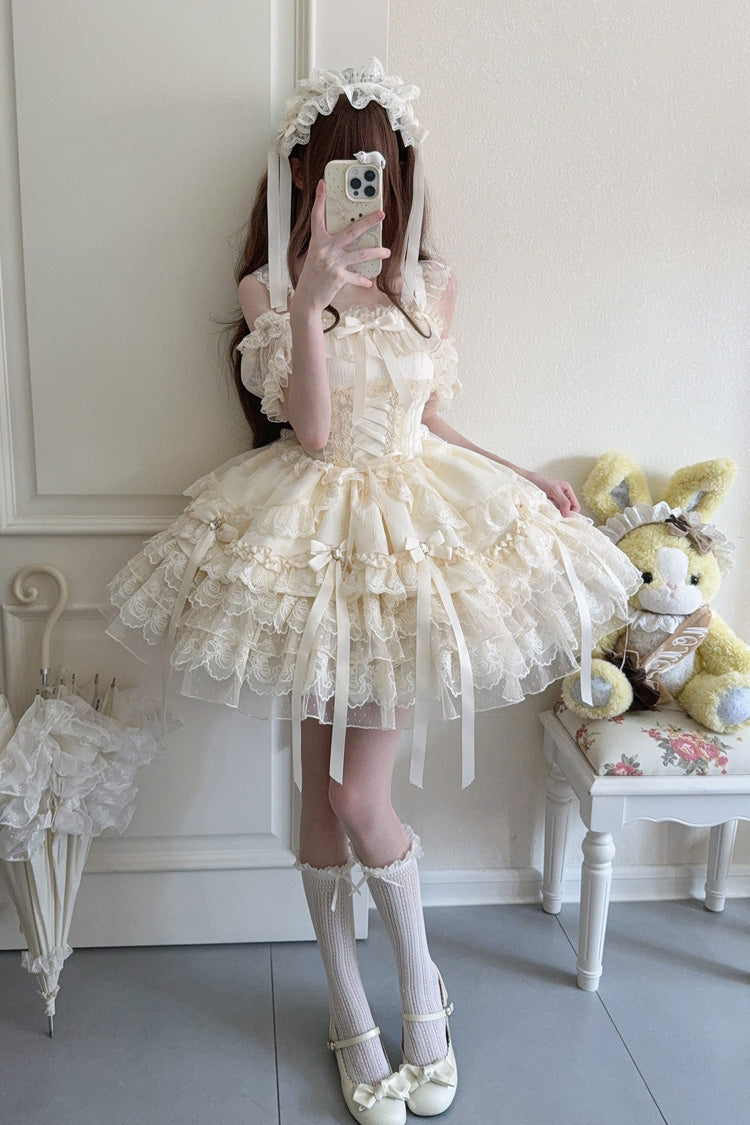 Apricot [Ribbon Heart Love] Sleeveless Multi-Layered Ruffle Bowknot Lace Lace-Up Sweet Princess Ballet Lolita Jsk Dress - Product - 6