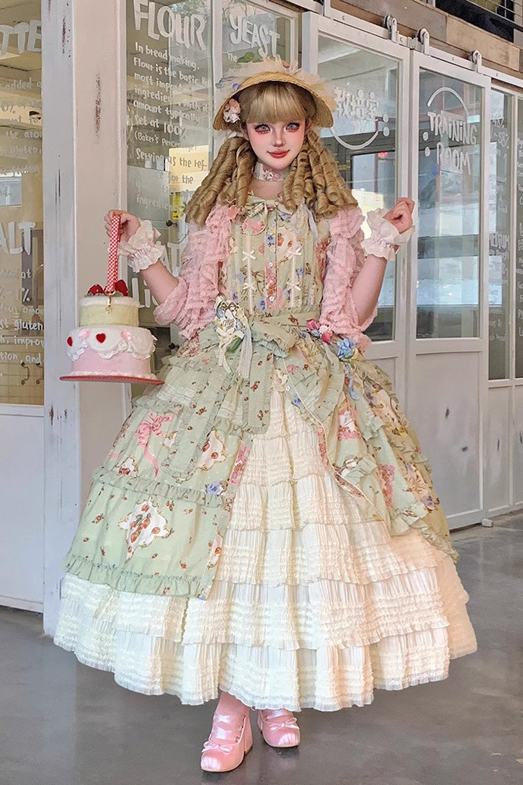 Green [Cat Rose Tea] Short Sleeves Print Ruffle Cardigan Bowknot Daily Sweet Lolita Dress - Product - 5