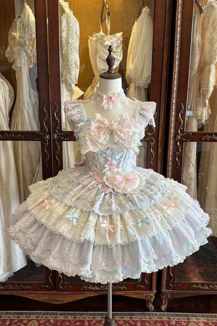 Bkue/Pink [Cloudwhale Dreamweaver] Square Collar Multi-Layered Ruffled Bow Lace Sweet Lolita Jsk Dress - Product - 3