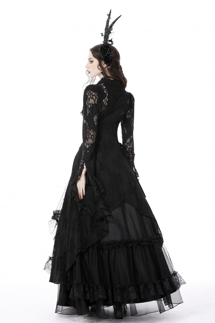 Black Lapel Collar Long Sleeves Ruffled Irregular Lace Lace-Up Women's Gothic Jacket Dress - Product - 4