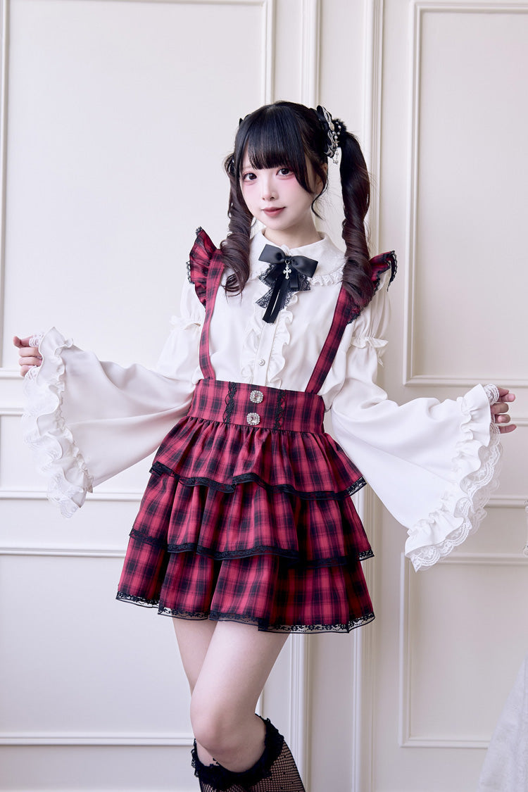 Red Triple-Layered Plaid Print Ruffle Gothic Jirai Kei Japanese Strap Dress - Red - 1