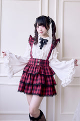 Red Triple-Layered Plaid Print Ruffle Gothic Jirai Kei Japanese Strap Dress - Red - 1