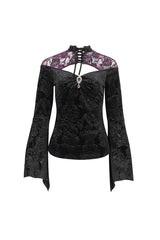 Black Cutout Flared Sleeved Floral Embossed Women's Gothic Shirt - Product - 9