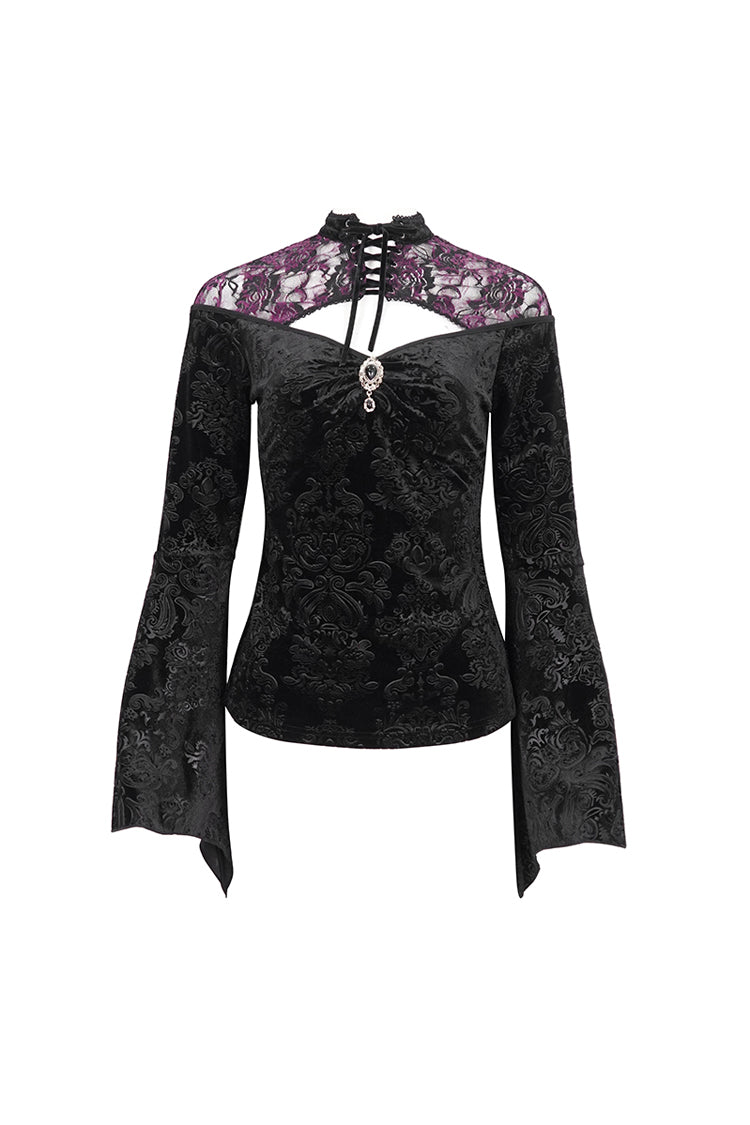 Black Cutout Flared Sleeved Floral Embossed Women's Gothic Shirt - Product - 9