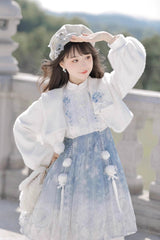 White/Blue Long Sleeves Print Ruffle Chinese Style Princess Sweet Lolita Jsk Dress Set - Product - 2