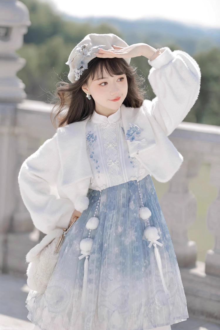 White/Blue Long Sleeves Print Ruffle Chinese Style Princess Sweet Lolita Jsk Dress Set - Product - 2