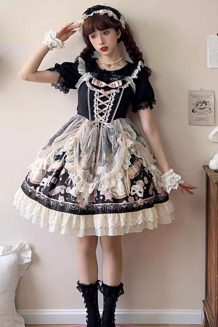 Black Sleeveless Rose Prologue Print Ruffle Bowknot Sweet Elegant Princess Lolita Jsk Dress - Product - 5