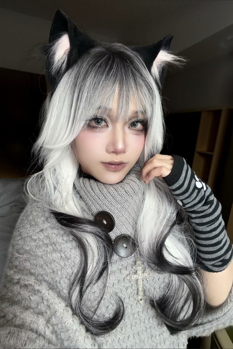 Black/White Ombre Long Wavy Sweet Lolita Wig with Air Bangs - Product - 3
