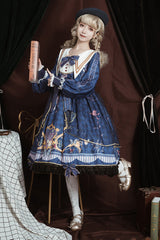 Blue Navy Collar Long Sleeves Butterfly Print Ruffle Bowknot Sweet Elegant Princess Lolita Dress - Product - 5