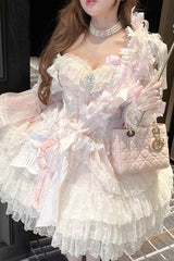 Princess Off Shoulder Multi-Layered Ruffle Bowknot Lace Sweet Elegant Lolita Strapless Dress - Product - 8