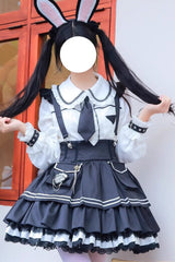 Officer Rabbit Multi-layer Ruffle Sweet Lolita Strap Dress 4 Colors - Black/White - 3