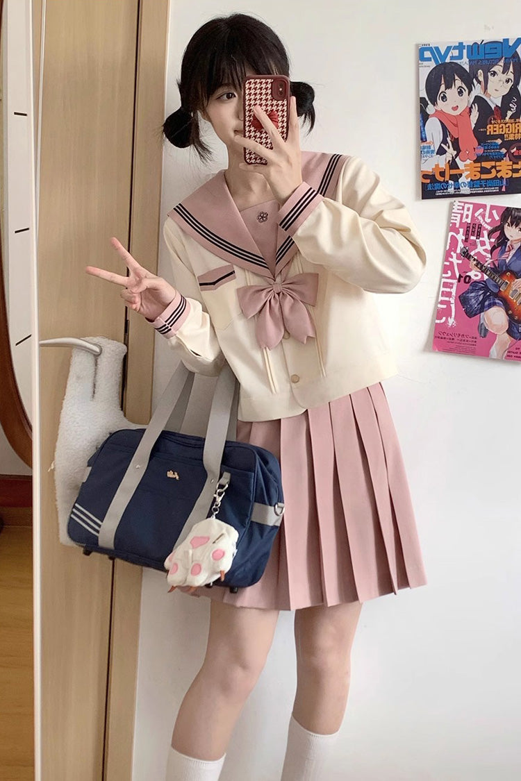 Pink/Ivory Sailor Collar Long Sleeves Sweet Japanese School Skirt Set - Pink/Ivory - 1
