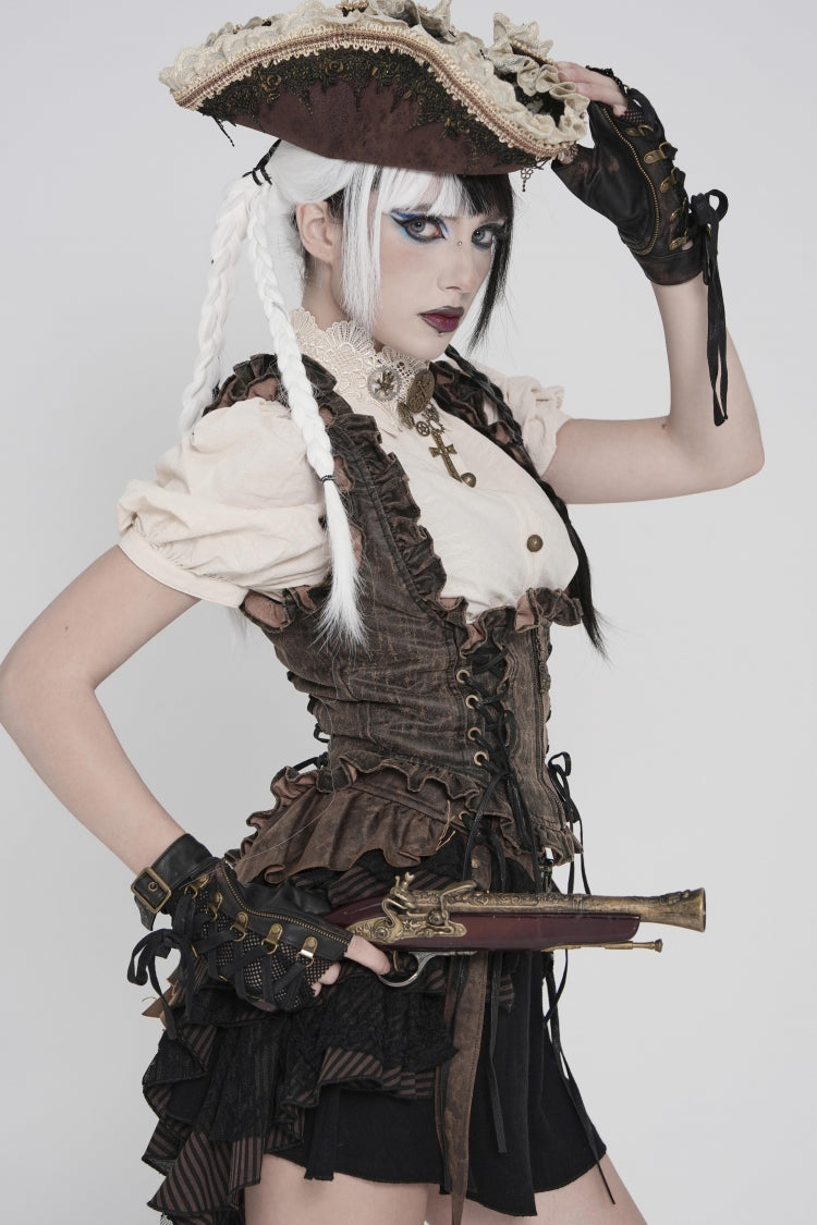 Bronze Bow Lace-Up Slim Zippered Women's Gothic Swallow-tailed Vest - Product - 12
