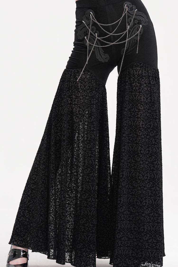 Black Chain Jacquard Floral Hollow Lace Women's Gothic Pants - Black - 1