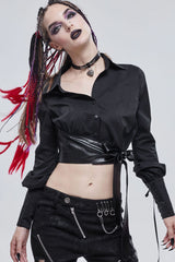 Black Punk Asymmetrical Neckline Buttonhole Cuffs With Cord Design Cropped Thin Texture Long Sleeve Women's Shirt - Product - 2