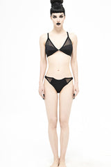Black Splice Mesh Lace-Up Vertical Striped Bat-Shaped Women's Punk Swimsuit - Product - 4