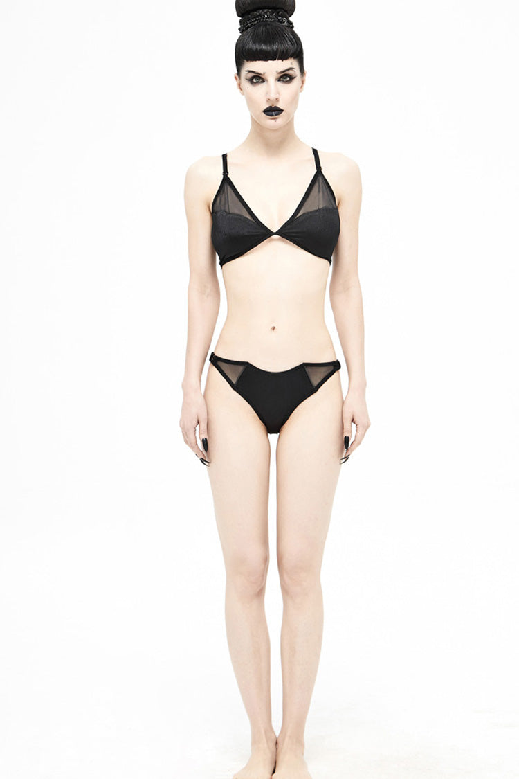 Black Splice Mesh Lace-Up Vertical Striped Bat-Shaped Women's Punk Swimsuit - Product - 4