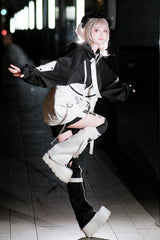 Black/White [Zero-Type Transformation] Techwear Long Sleeves Embroidered Hooded Punk Jirai Kei Shorts Coat Set - Product - 11