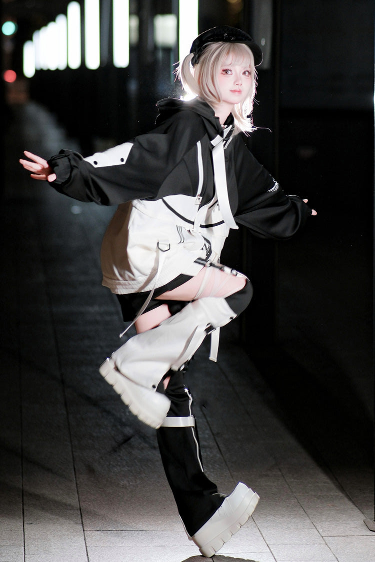Black/White [Zero-Type Transformation] Techwear Long Sleeves Embroidered Hooded Punk Jirai Kei Shorts Coat Set - Product - 11