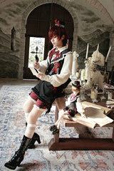 Red/Black [Candy Shop] V Collar Sleeveless Bow Lace Sweet Ouji Lolita Shorts Vest Set - Product - 8
