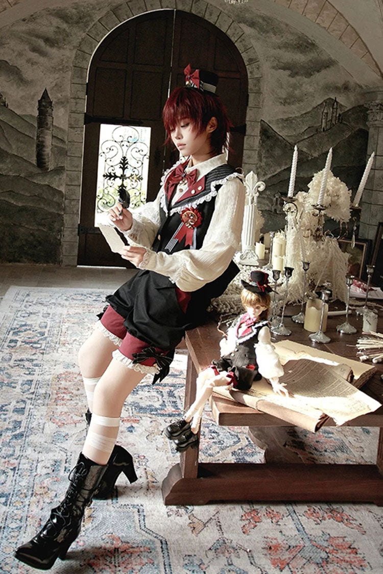 Red/Black [Candy Shop] V Collar Sleeveless Bow Lace Sweet Ouji Lolita Shorts Vest Set - Product - 8