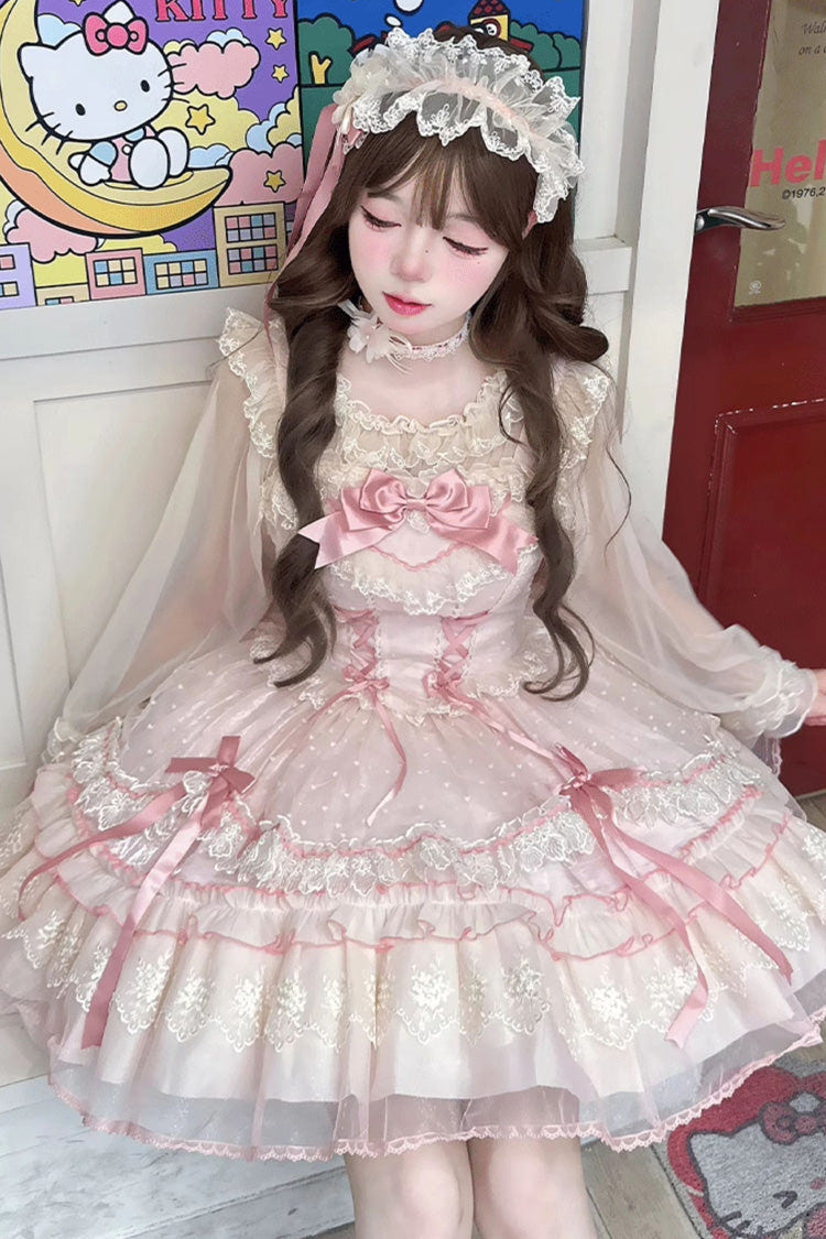 Pink [Candy House] Sleeveless Ruffle Bowknot Lace Lace-Up Sweet Lolita Jsk Dress - Product - 4