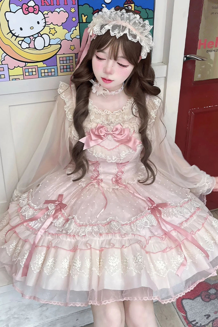 Pink [Candy House] Sleeveless Ruffle Bowknot Lace Lace-Up Sweet Lolita Jsk Dress - Product - 4