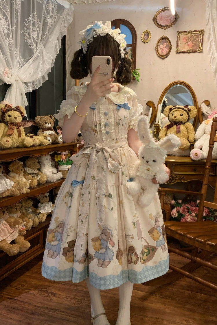 Ivory [Midsummer Bunny Bear] Printed Ruffled Bow Sweet Lolita Dress 2 Versions - Product - 5