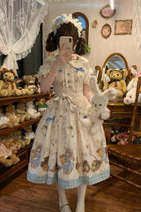 Ivory [Midsummer Bunny Bear] Printed Ruffled Bow Sweet Lolita Dress 2 Versions - Product - 5