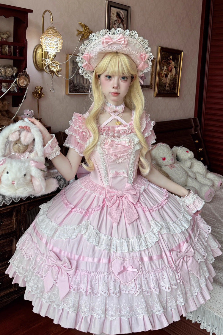 Pink [Super Cute Belia] Sleeveless Triple-Layered Ruffle Bowknot Lace Sweet Elegant Lolita Jsk Dress - Product - 7