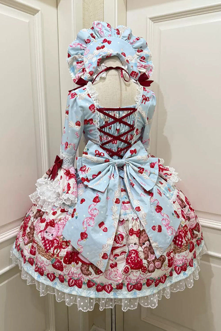 Blue/Red [Sweet Berry Bunny Bear] Half Sleeves Printed Bow Lace Lace-Up Sweet Lolita OP Dress - Product - 2