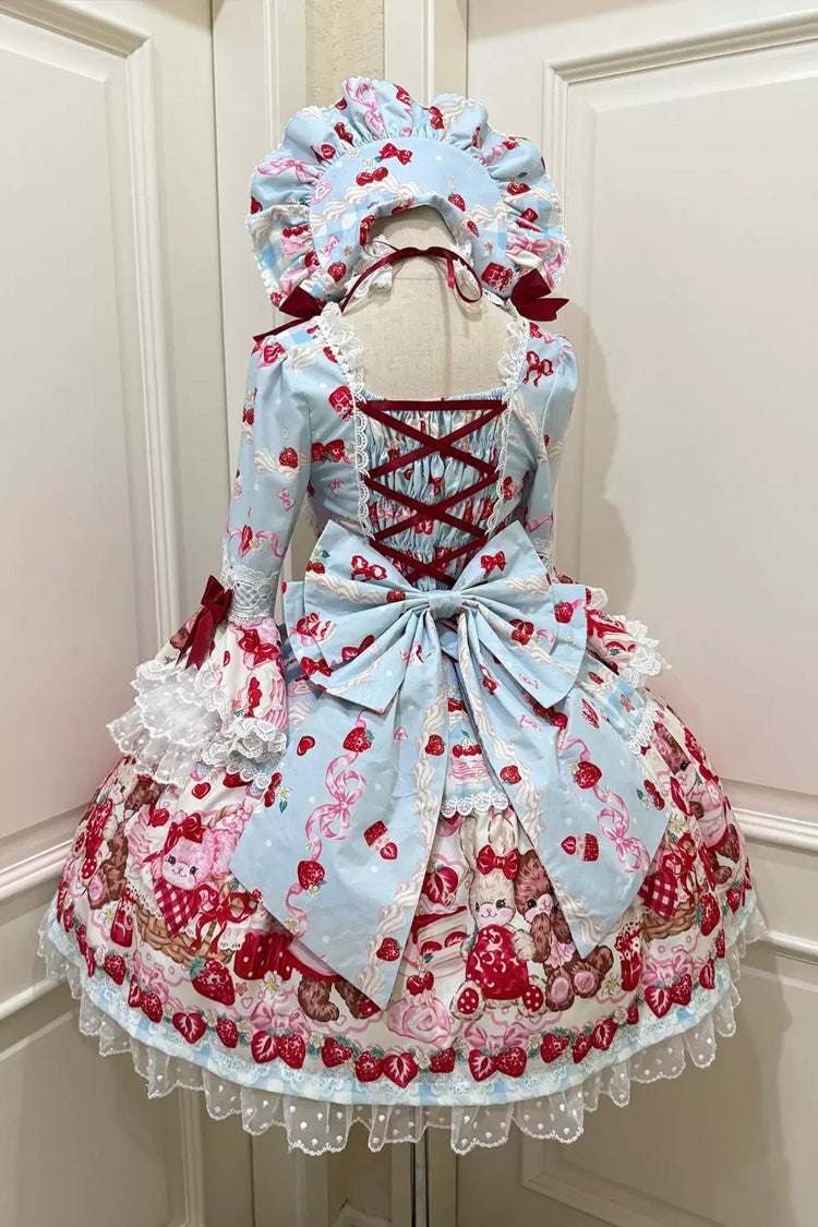Blue/Red [Sweet Berry Bunny Bear] Half Sleeves Printed Bow Lace Lace-Up Sweet Lolita OP Dress - Product - 2