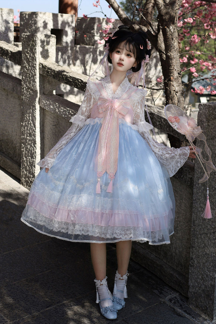 [Peach Blossoms in Spring Fields] Sleeveless Ruffle Bowknot Lace Sweet Chinese Style Lolita Jsk Dress 3 Colors - Product - 5